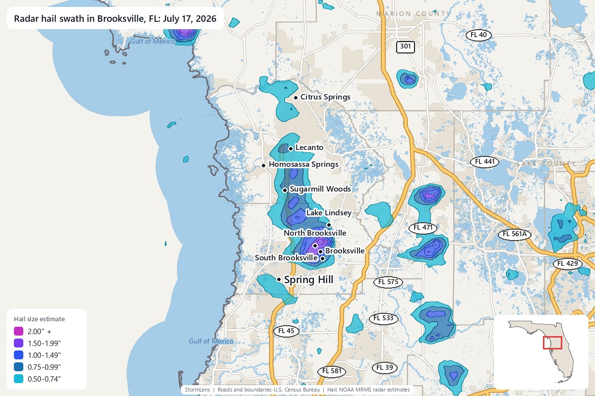 Radar-estimated hail swath in Brooksville, FL on July 17, 2026; colors show estimated hail sizes