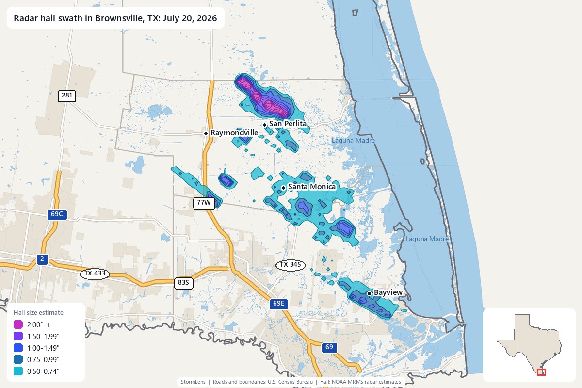 Radar-estimated hail swath in Brownsville, TX on July 20, 2026; colors show estimated hail sizes