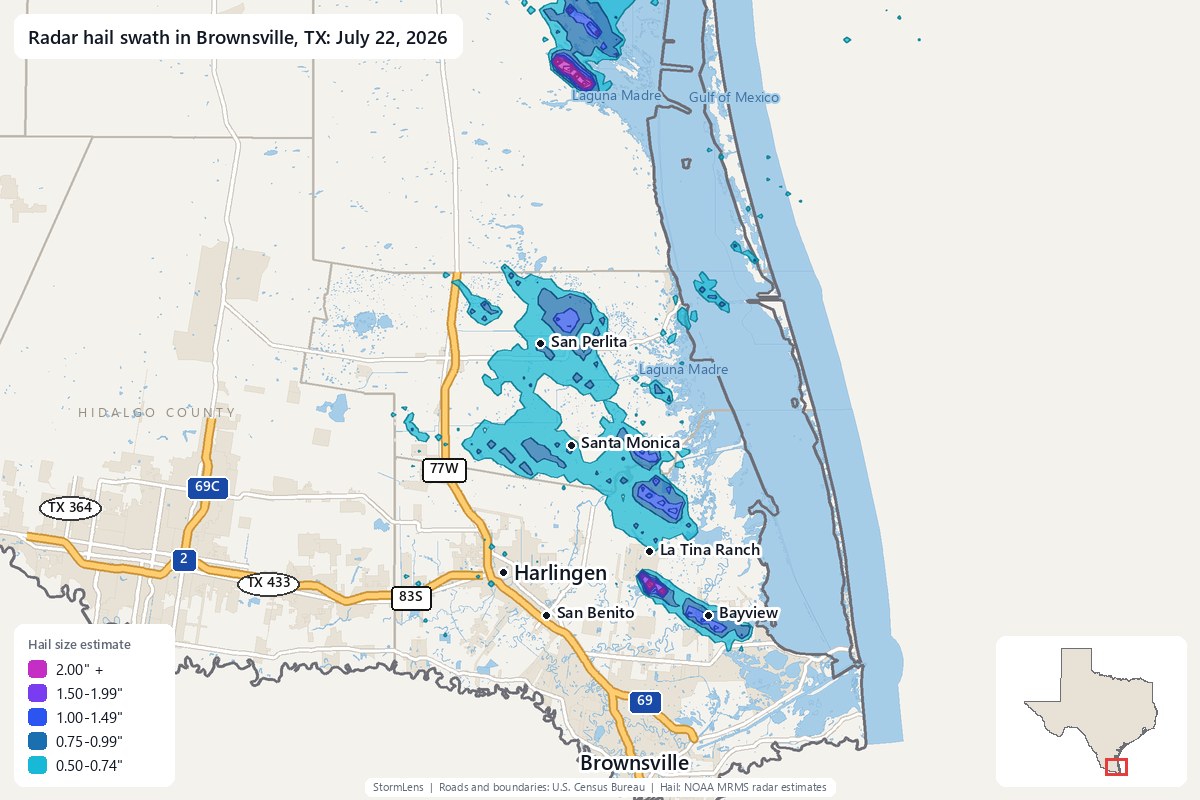 Radar-estimated hail swath in Brownsville, TX on July 22, 2026; colors show estimated hail sizes