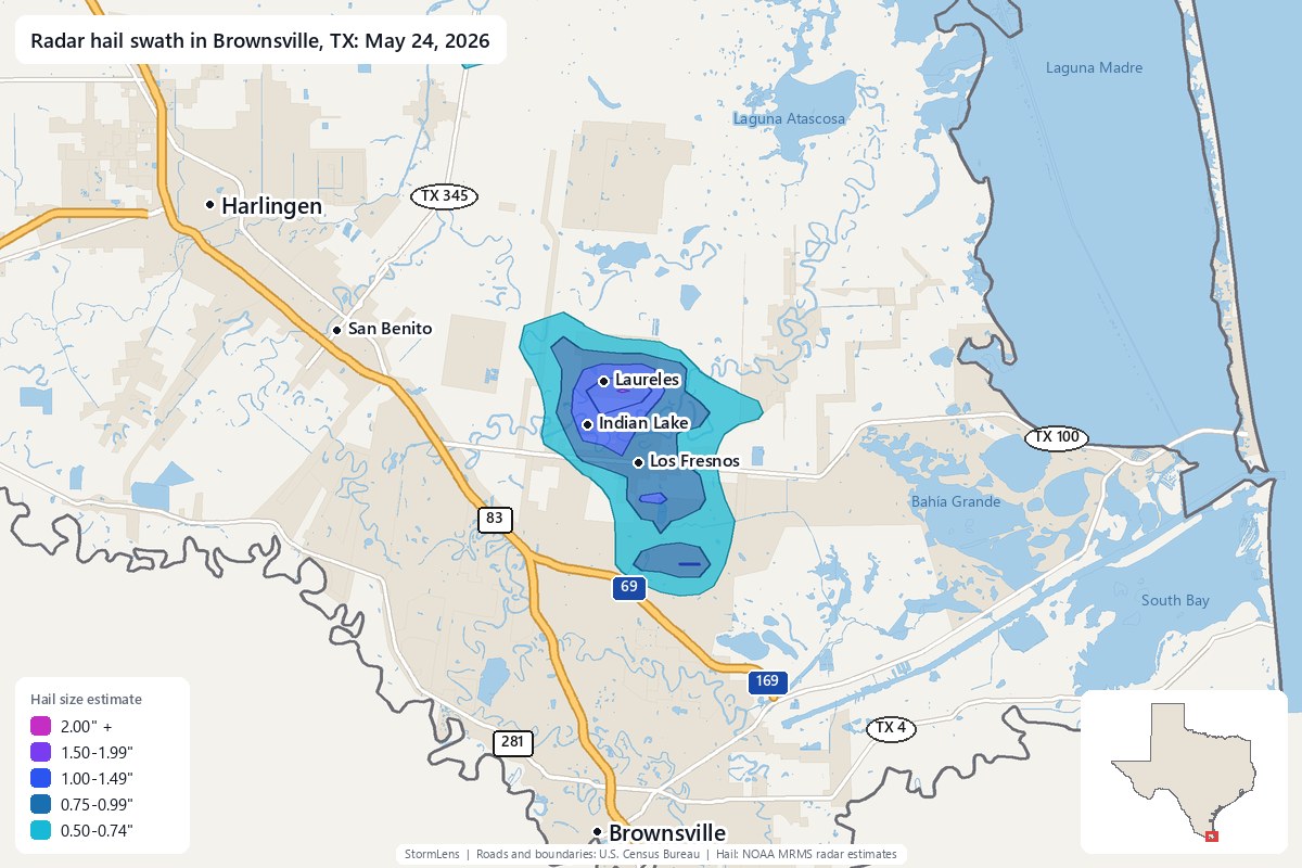 Radar-estimated hail swath in Brownsville, TX on May 24, 2026; colors show estimated hail sizes
