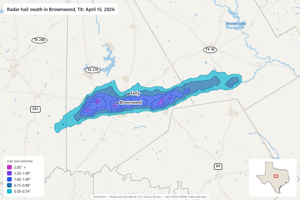 Radar-estimated hail swath in Brownwood, TX on April 15, 2026; colors show estimated hail sizes