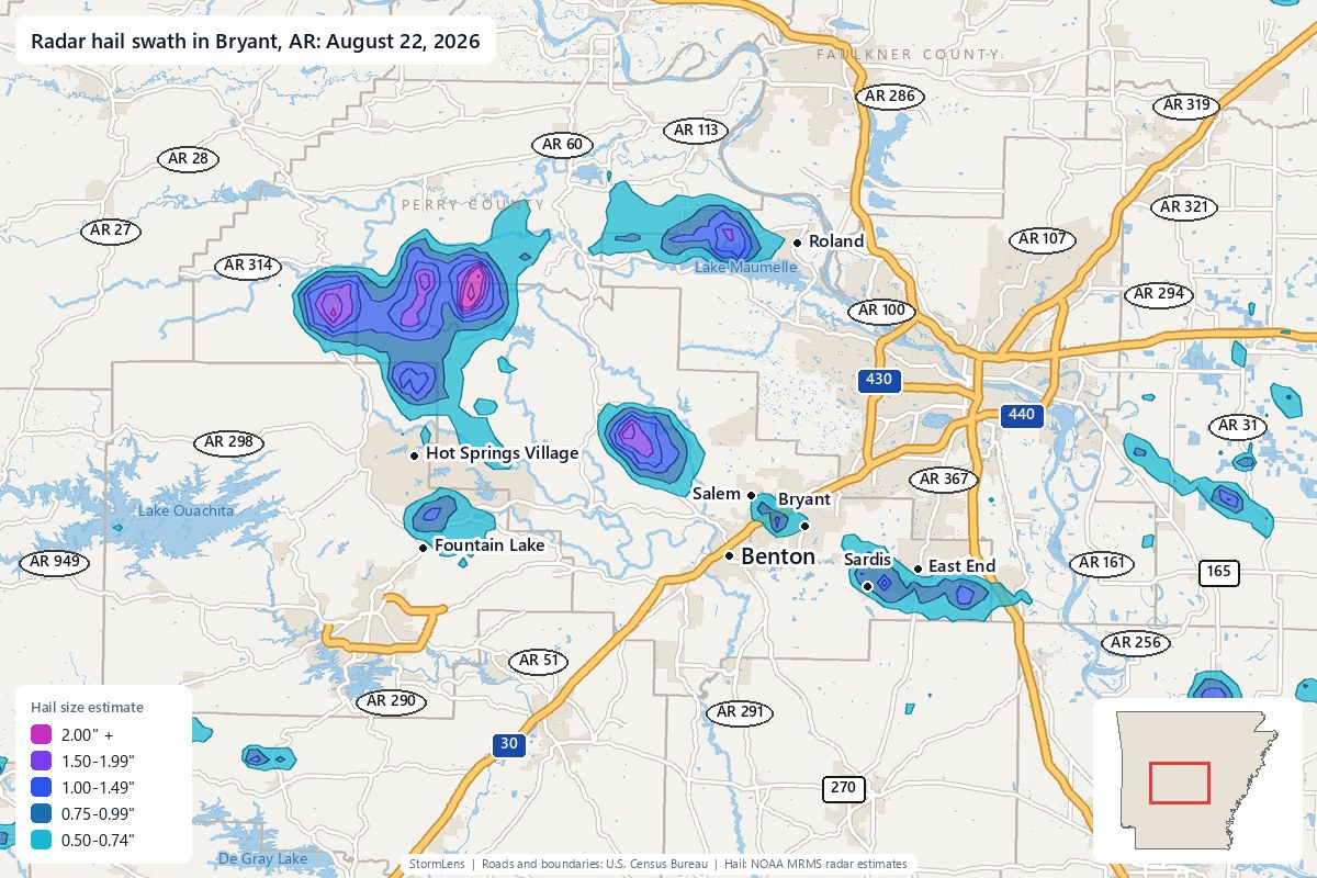 Radar-estimated hail swath in Bryant, AR on August 22, 2026; colors show estimated hail sizes