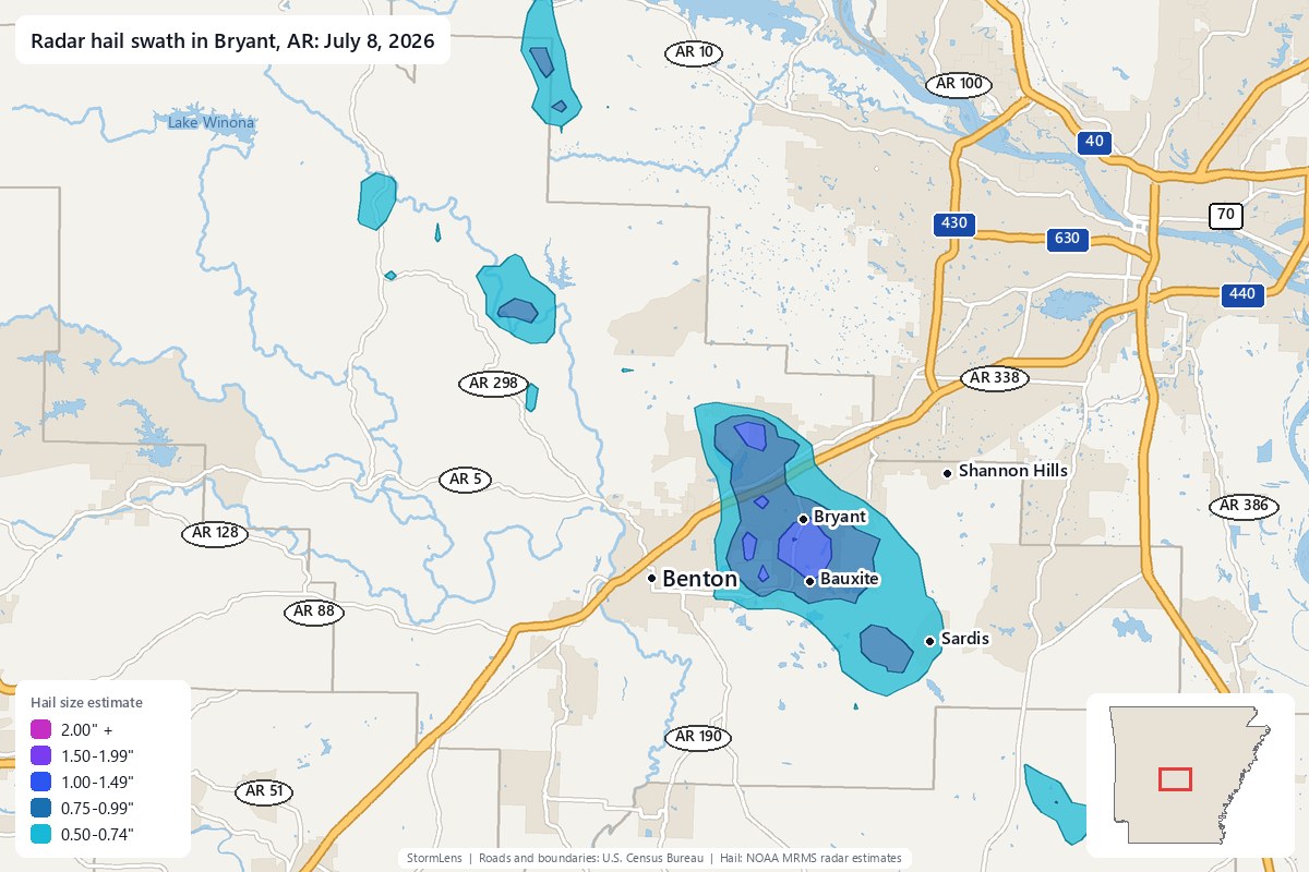 Radar-estimated hail swath in Bryant, AR on July 8, 2026; colors show estimated hail sizes