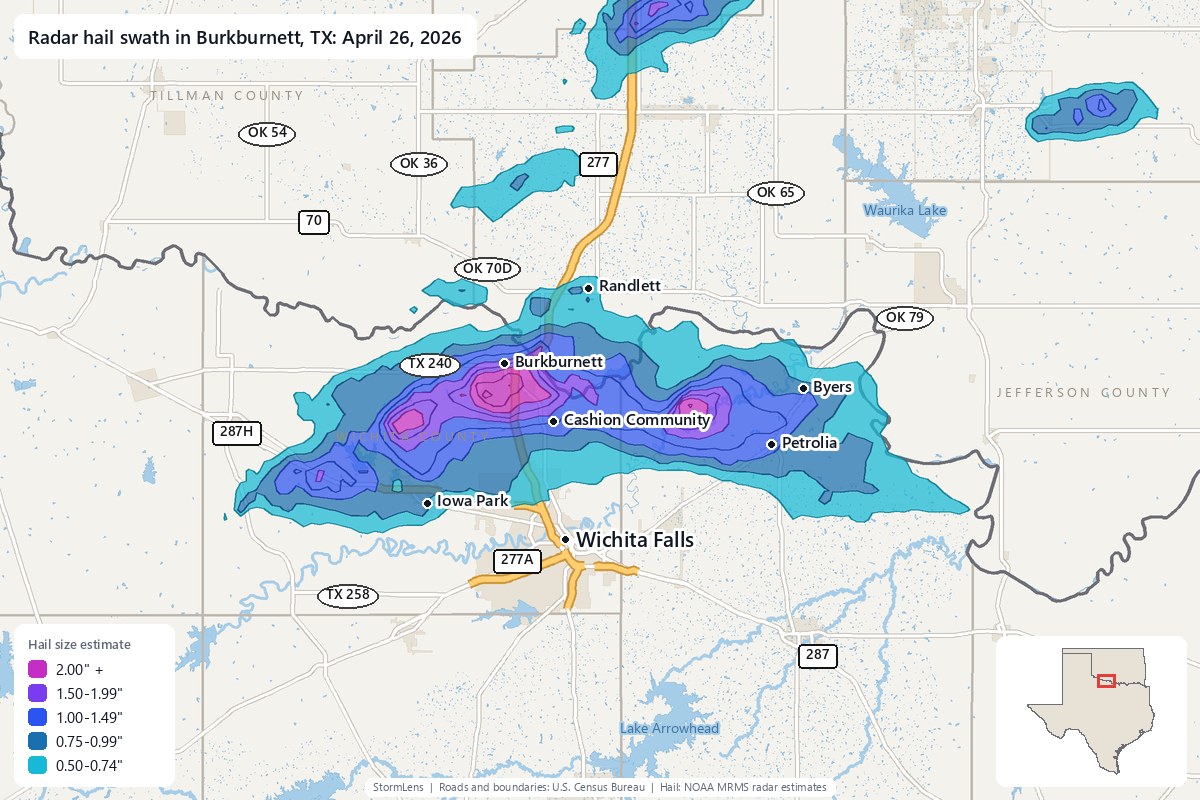 Radar-estimated hail swath in Burkburnett, TX on April 26, 2026; colors show estimated hail sizes