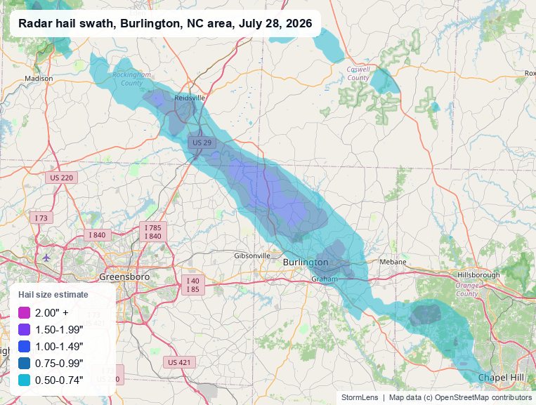 Radar-estimated hail swath near Burlington, NC on July 28, 2026; colors show estimated hail sizes