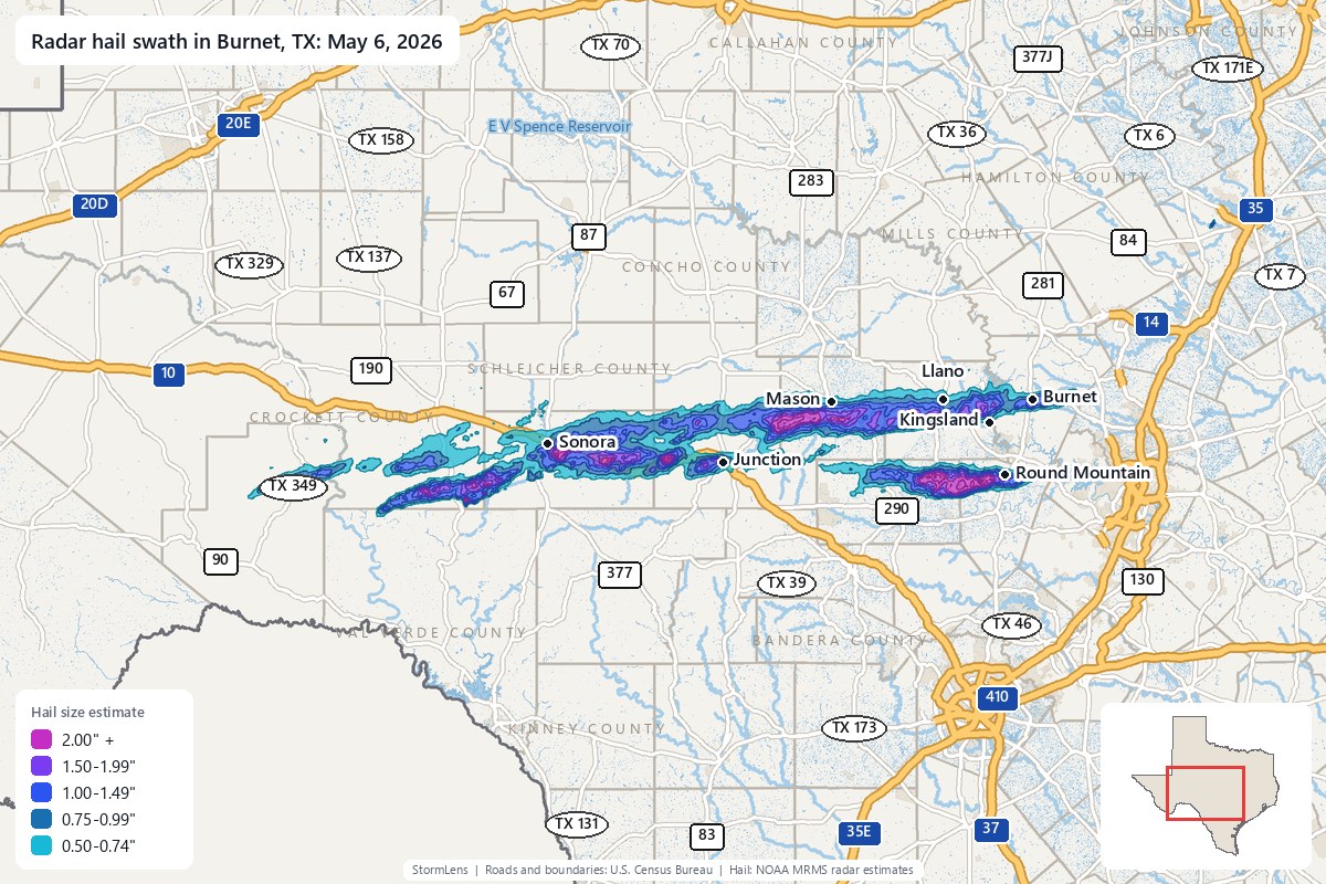 Radar-estimated hail swath in Burnet, TX on May 6, 2026; colors show estimated hail sizes