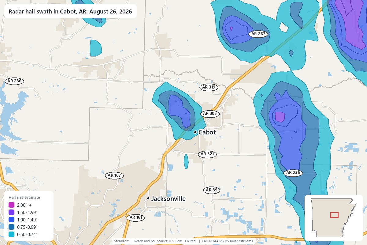 Radar-estimated hail swath in Cabot, AR on August 26, 2026; colors show estimated hail sizes