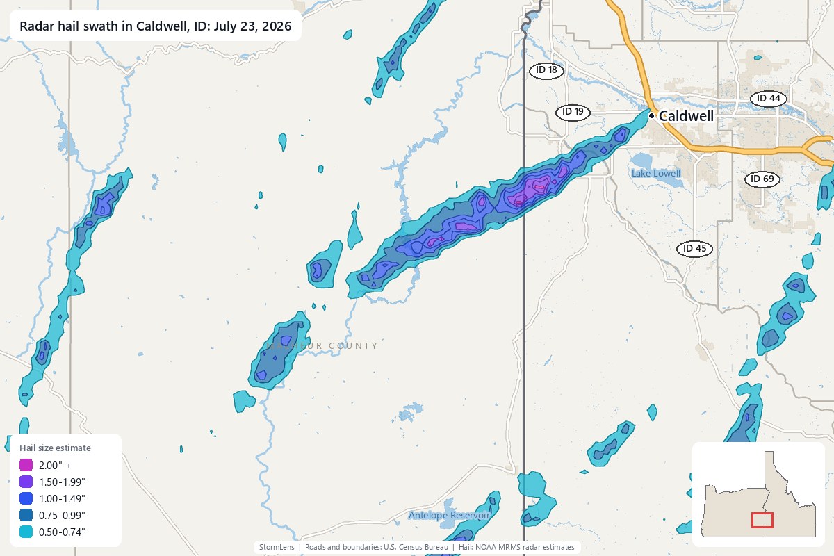 Radar-estimated hail swath in Caldwell, ID on July 23, 2026; colors show estimated hail sizes