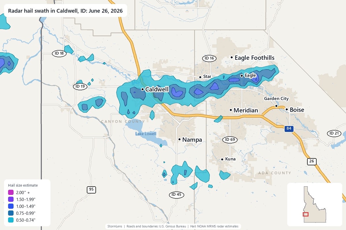Radar-estimated hail swath in Caldwell, ID on June 26, 2026; colors show estimated hail sizes