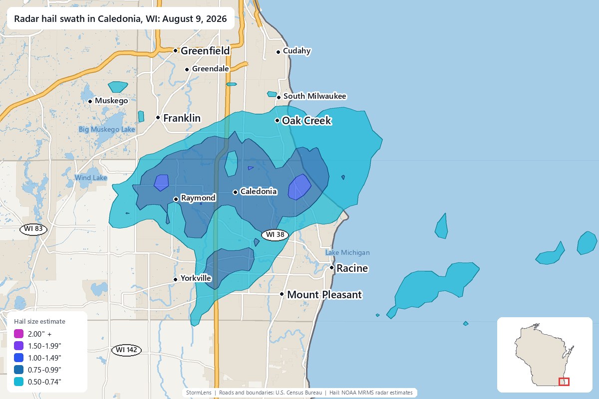 Radar-estimated hail swath in Caledonia, WI on August 9, 2026; colors show estimated hail sizes