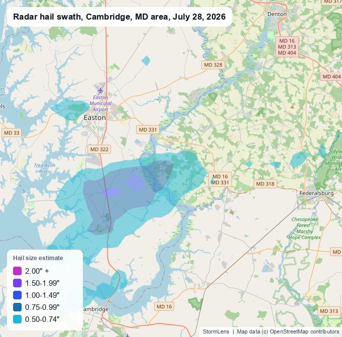 Radar-estimated hail swath near Cambridge, MD on July 28, 2026; colors show estimated hail sizes