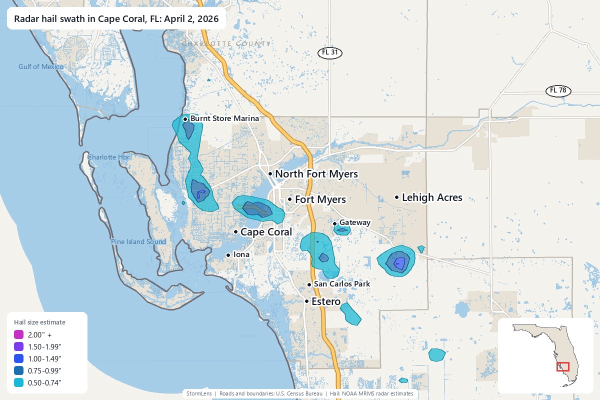 Radar-estimated hail swath in Cape Coral, FL on April 2, 2026; colors show estimated hail sizes
