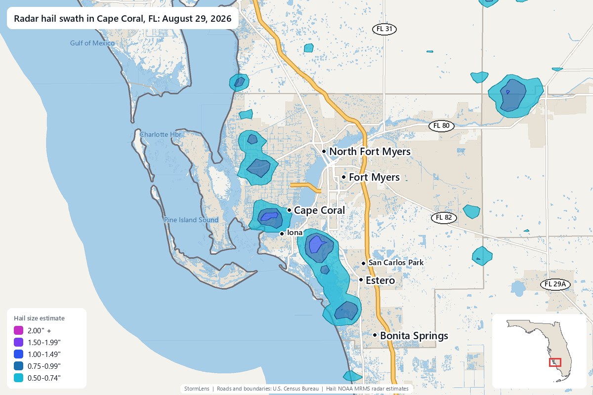 Radar-estimated hail swath in Cape Coral, FL on August 29, 2026; colors show estimated hail sizes