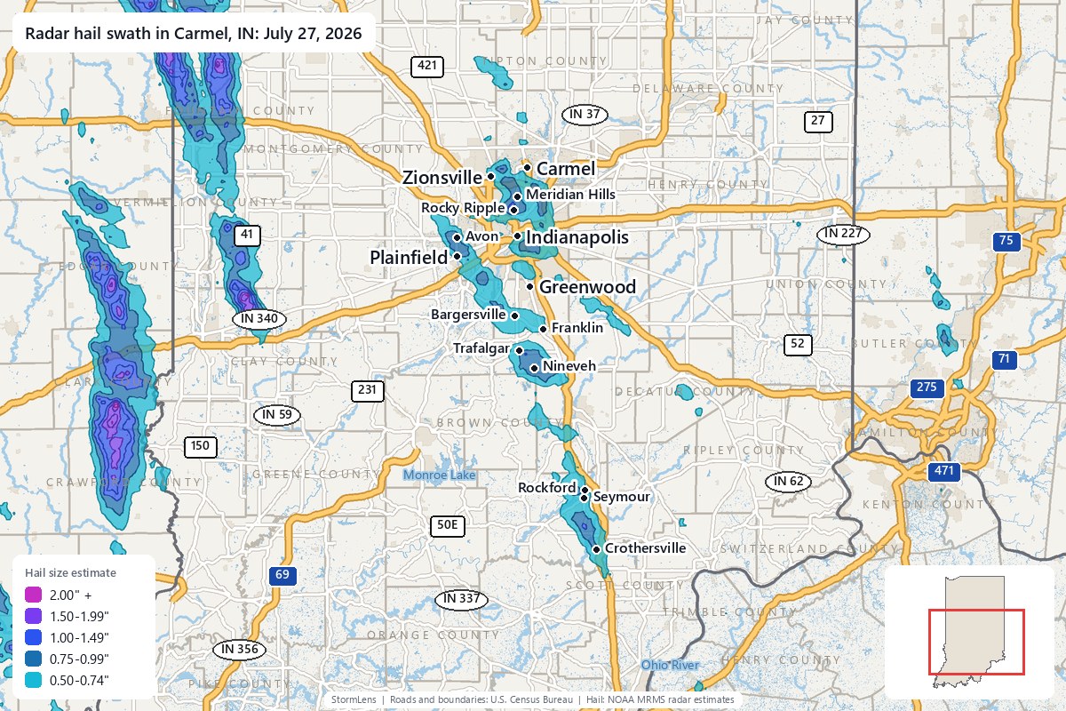 Radar-estimated hail swath in Carmel, IN on July 27, 2026; colors show estimated hail sizes