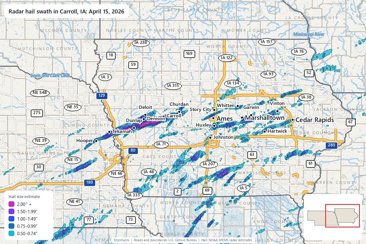 Radar-estimated hail swath in Carroll, IA on April 15, 2026; colors show estimated hail sizes