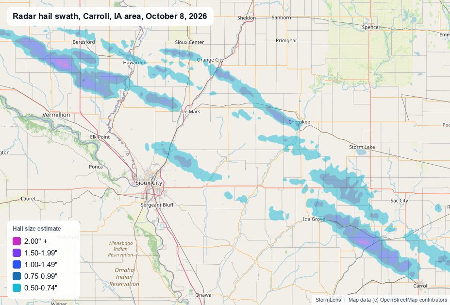 Radar-estimated hail swath near Carroll, IA on October 8, 2026; colors show estimated hail sizes