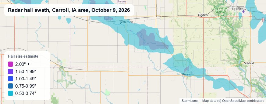 Radar-estimated hail swath near Carroll, IA on October 9, 2026; colors show estimated hail sizes