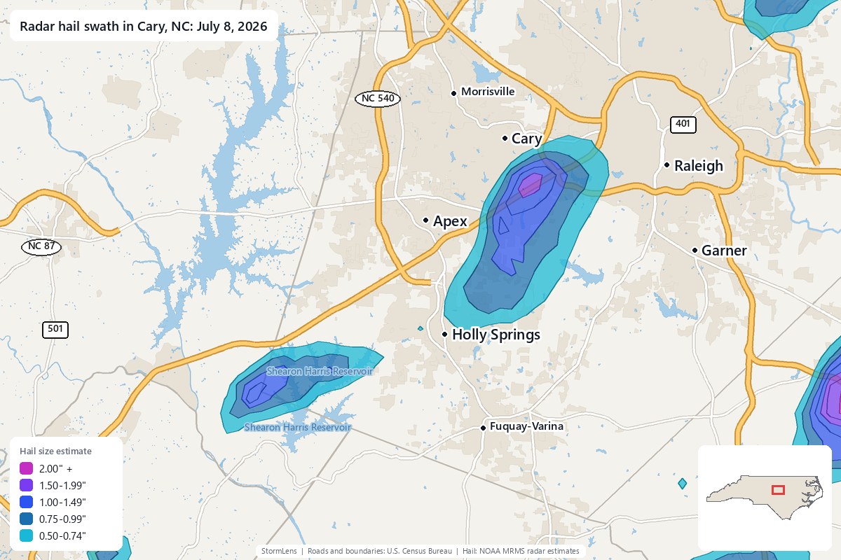 Radar-estimated hail swath in Cary, NC on July 8, 2026; colors show estimated hail sizes