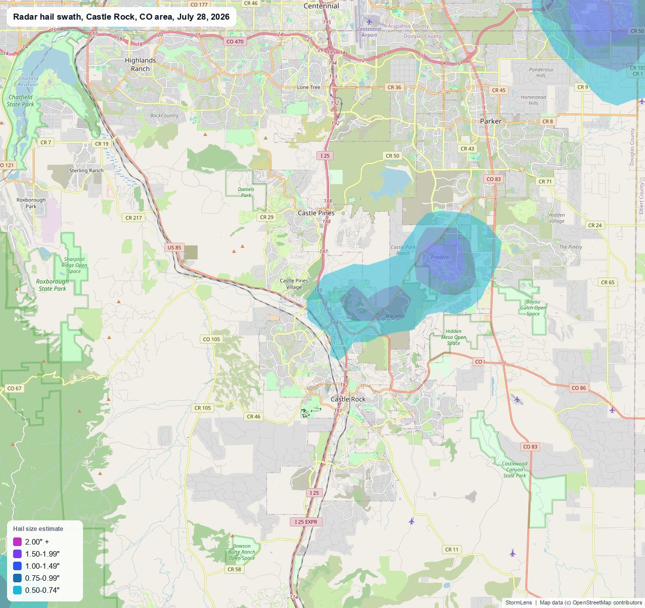 Radar-estimated hail swath near Castle Rock, CO on July 28, 2026; colors show estimated hail sizes