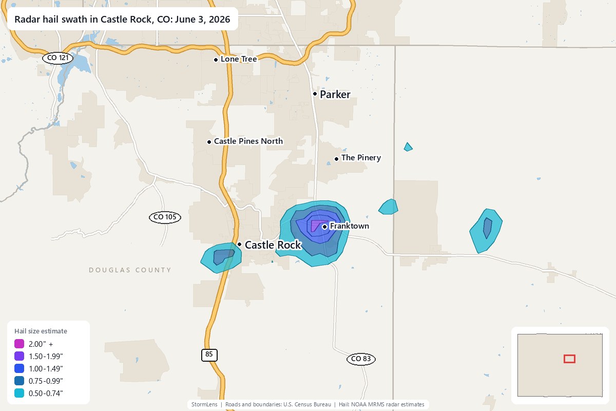 Radar-estimated hail swath in Castle Rock, CO on June 3, 2026; colors show estimated hail sizes