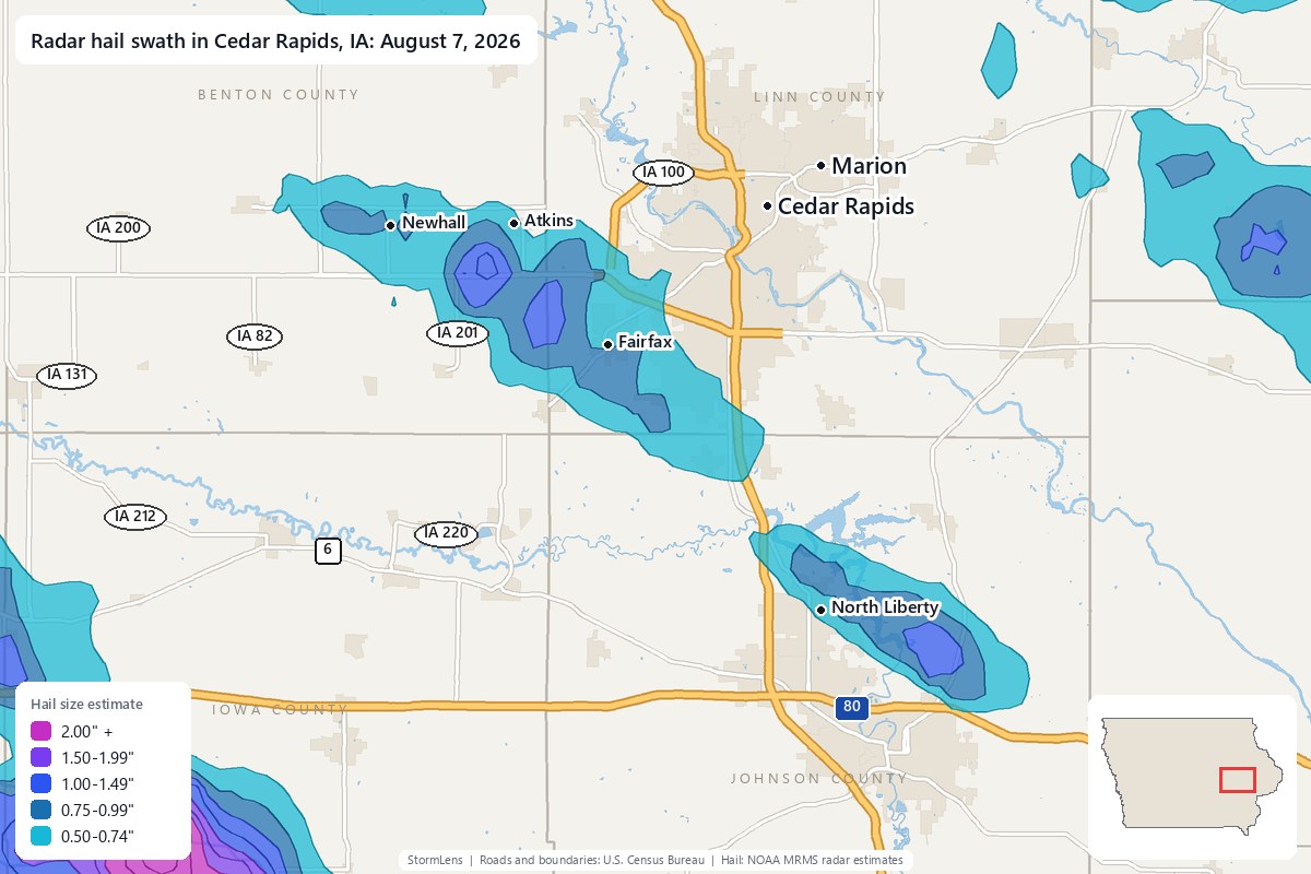 Radar-estimated hail swath in Cedar Rapids, IA on August 7, 2026; colors show estimated hail sizes
