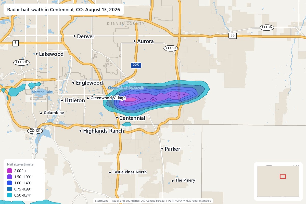 Radar-estimated hail swath in Centennial, CO on August 13, 2026; colors show estimated hail sizes