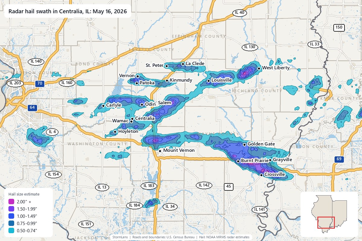 Radar-estimated hail swath in Centralia, IL on May 16, 2026; colors show estimated hail sizes
