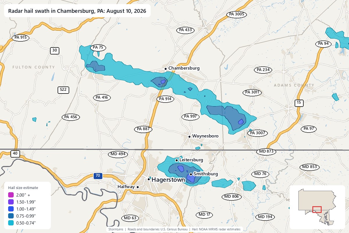 Radar-estimated hail swath in Chambersburg, PA on August 10, 2026; colors show estimated hail sizes
