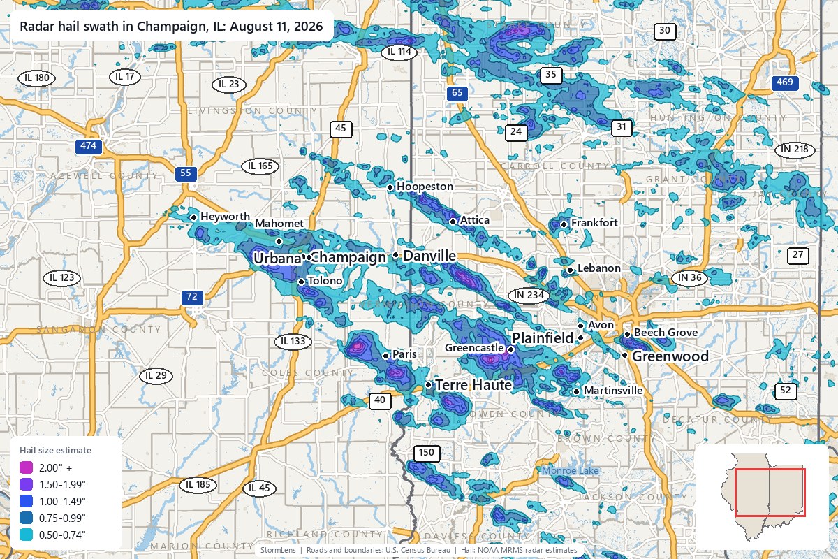 Radar-estimated hail swath in Champaign, IL on August 11, 2026; colors show estimated hail sizes