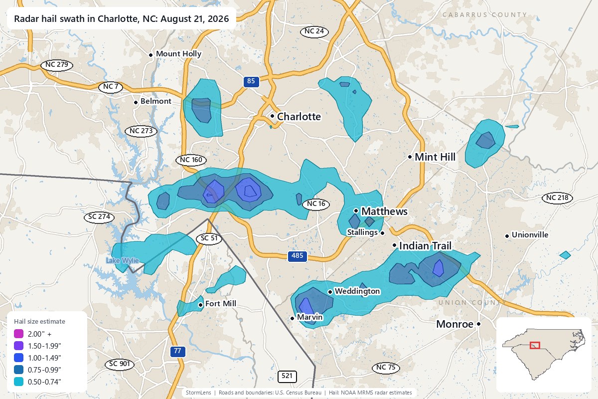 Radar-estimated hail swath in Charlotte, NC on August 21, 2026; colors show estimated hail sizes