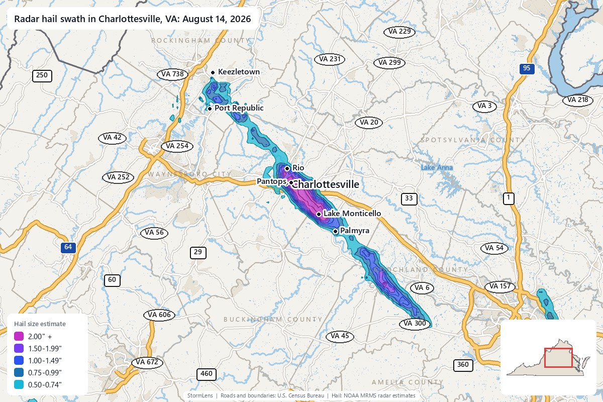 Radar-estimated hail swath in Charlottesville, VA on August 14, 2026; colors show estimated hail sizes