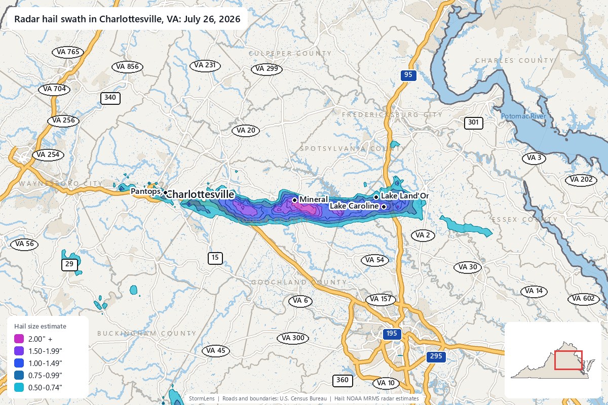 Radar-estimated hail swath in Charlottesville, VA on July 26, 2026; colors show estimated hail sizes