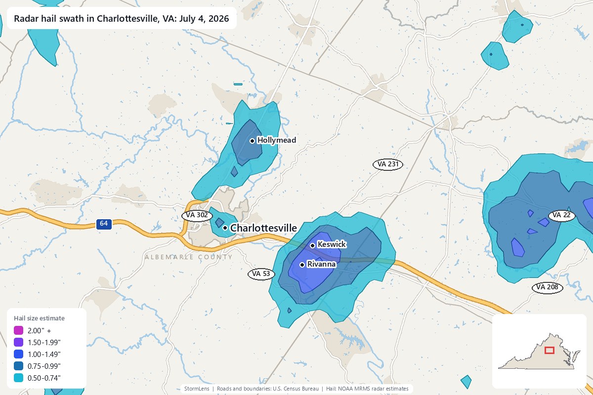 Radar-estimated hail swath in Charlottesville, VA on July 4, 2026; colors show estimated hail sizes