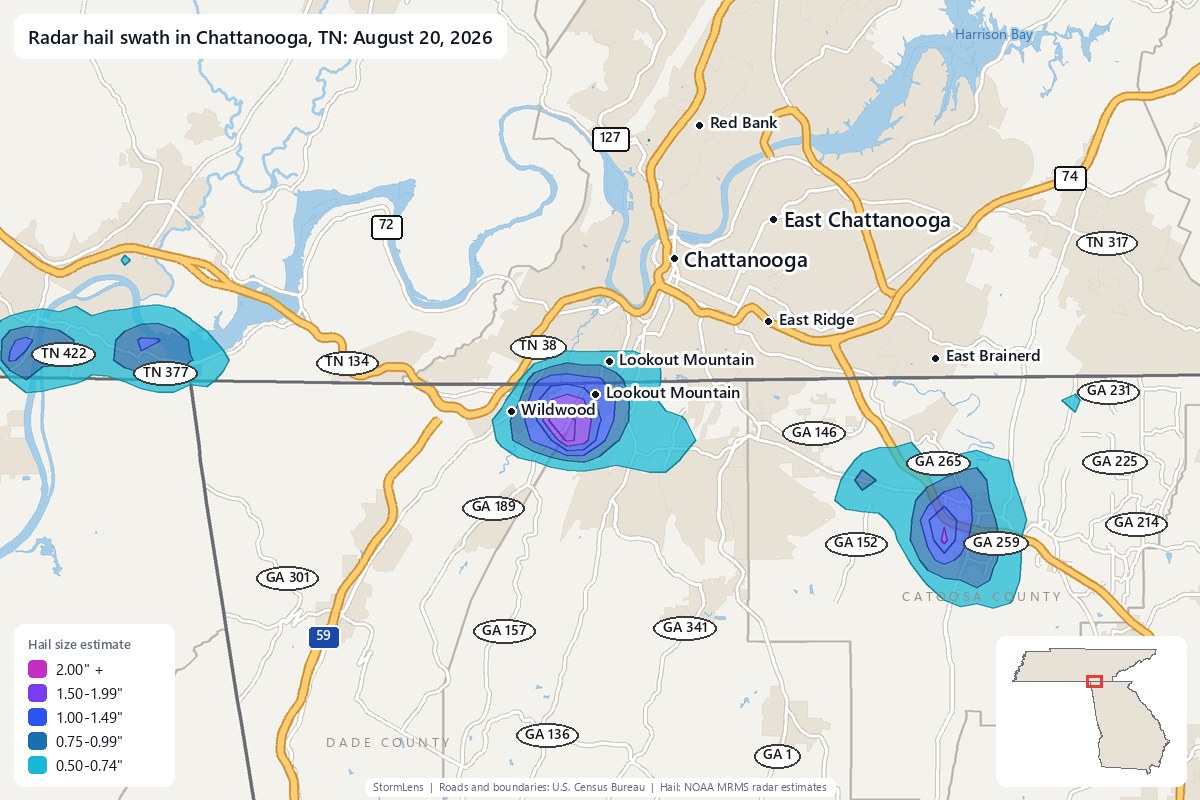 Radar-estimated hail swath in Chattanooga, TN on August 20, 2026; colors show estimated hail sizes