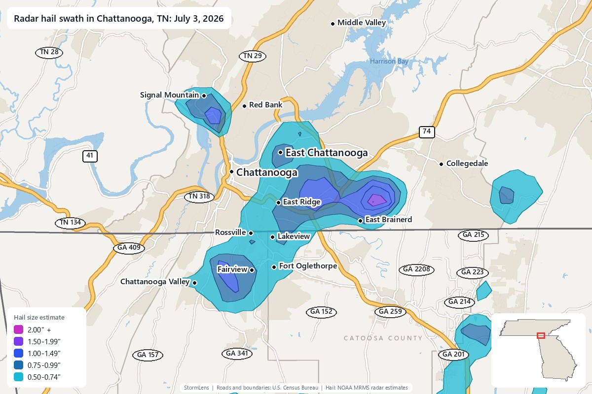 Radar-estimated hail swath in Chattanooga, TN on July 3, 2026; colors show estimated hail sizes