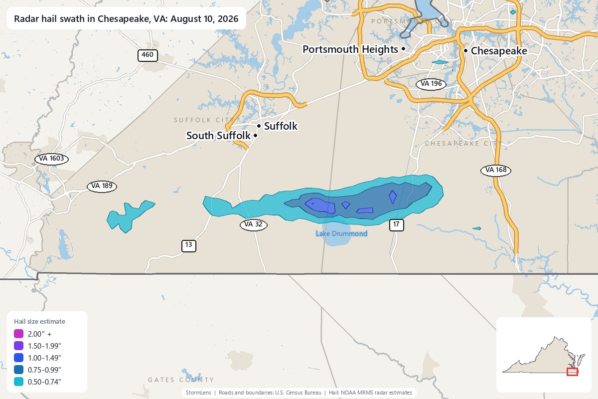 Radar-estimated hail swath in Chesapeake, VA on August 10, 2026; colors show estimated hail sizes