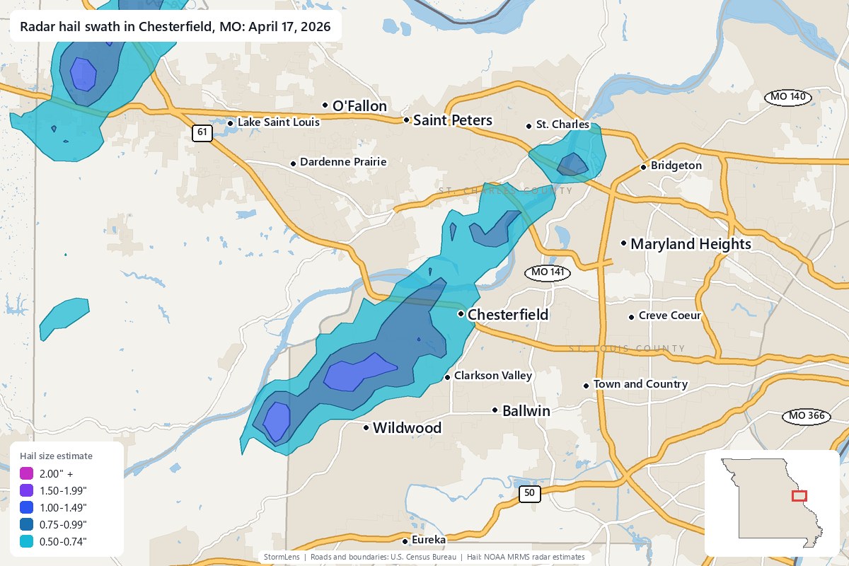 Radar-estimated hail swath in Chesterfield, MO on April 17, 2026; colors show estimated hail sizes