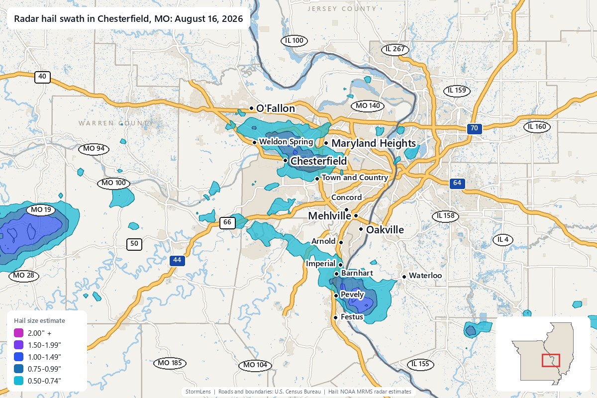 Radar-estimated hail swath in Chesterfield, MO on August 16, 2026; colors show estimated hail sizes