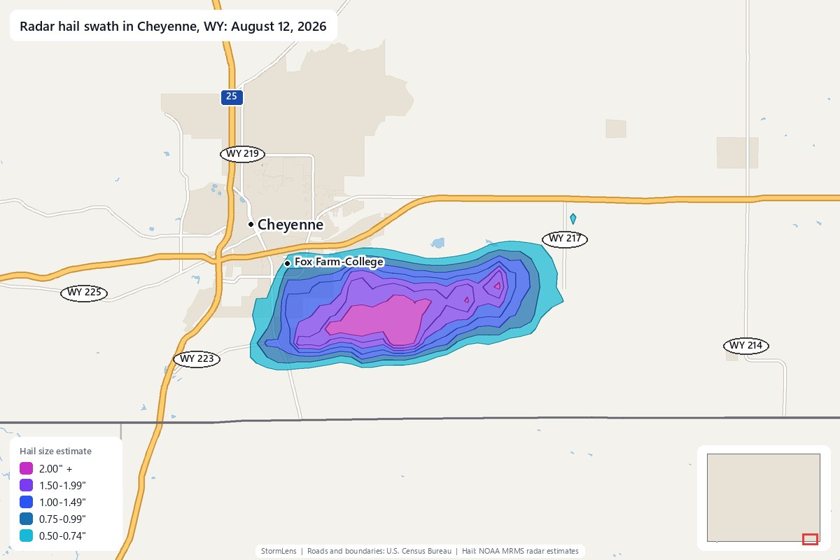 Radar-estimated hail swath in Cheyenne, WY on August 12, 2026; colors show estimated hail sizes