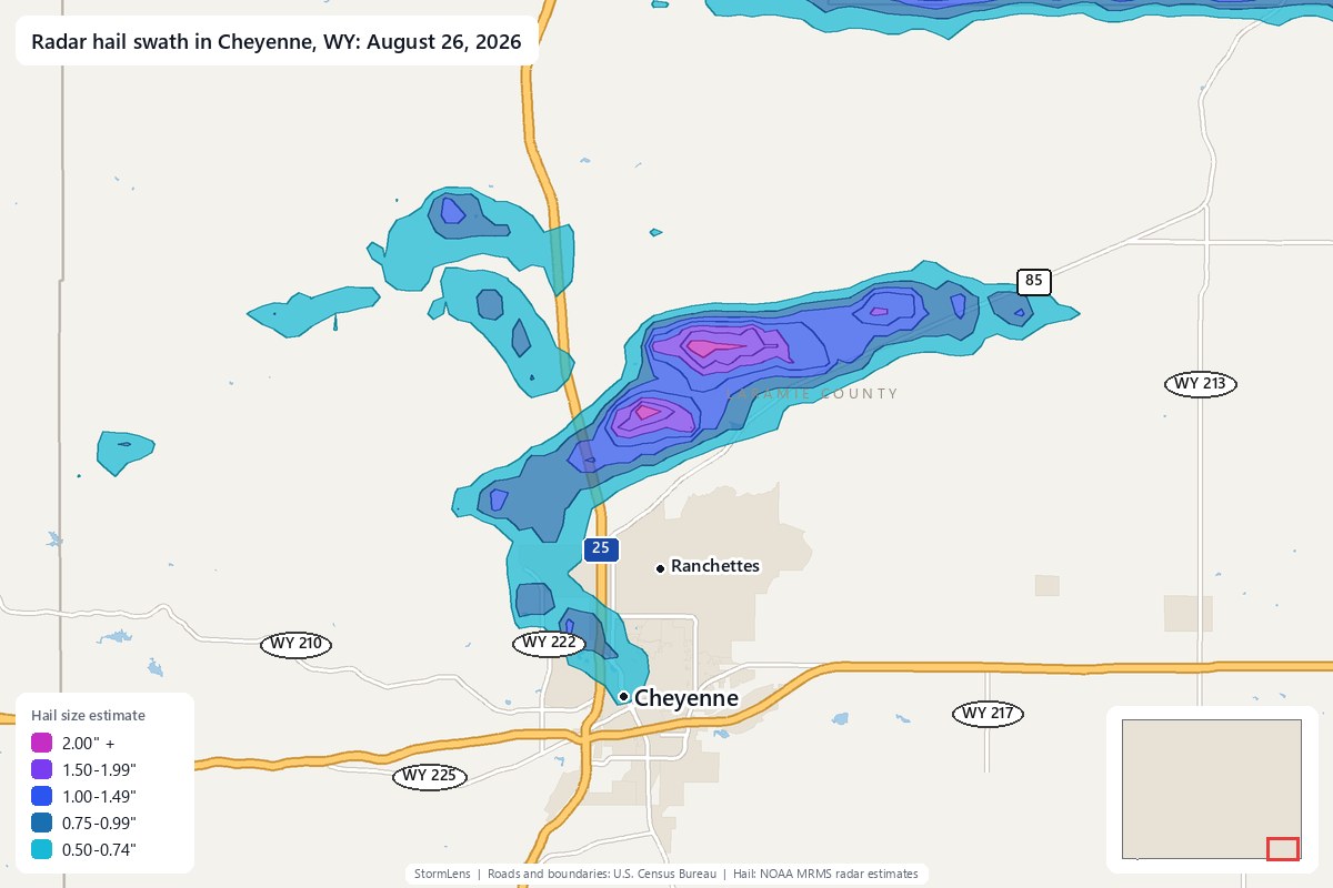 Radar-estimated hail swath in Cheyenne, WY on August 26, 2026; colors show estimated hail sizes
