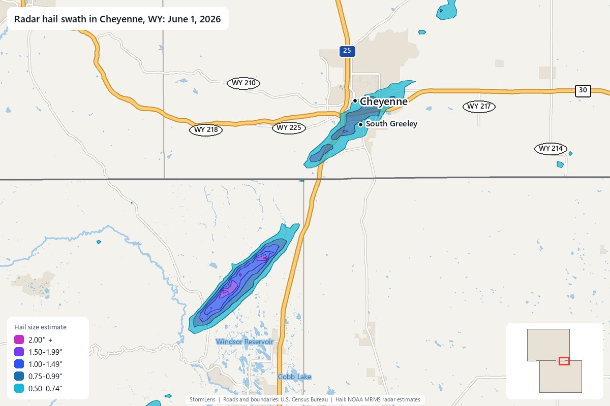 Radar-estimated hail swath in Cheyenne, WY on June 1, 2026; colors show estimated hail sizes