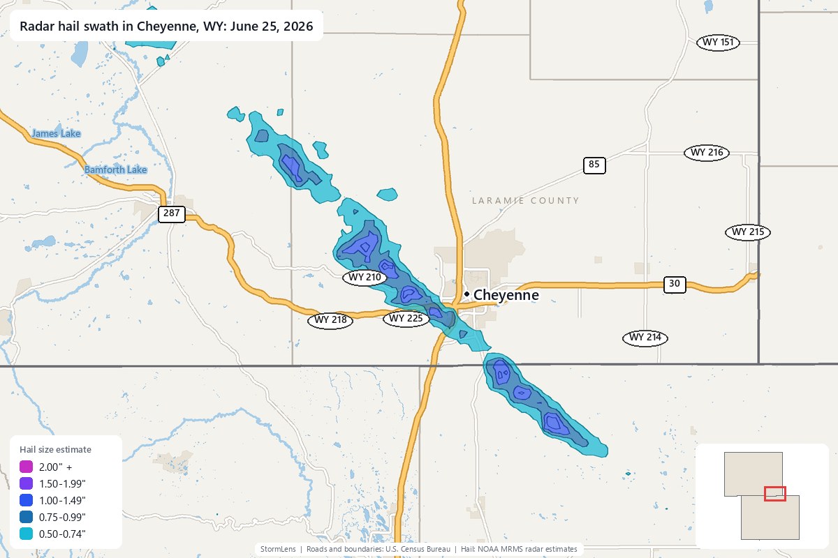 Radar-estimated hail swath in Cheyenne, WY on June 25, 2026; colors show estimated hail sizes