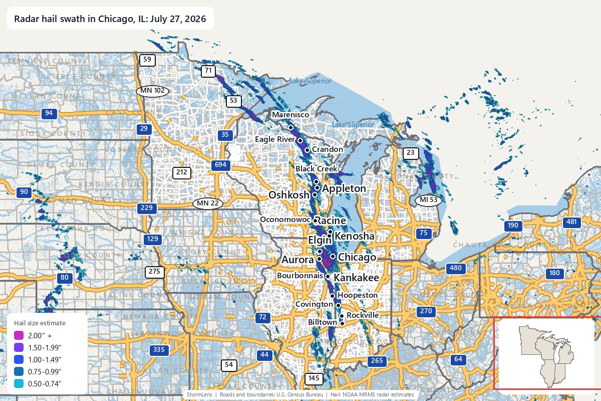 Radar-estimated hail swath in Chicago, IL on July 27, 2026; colors show estimated hail sizes