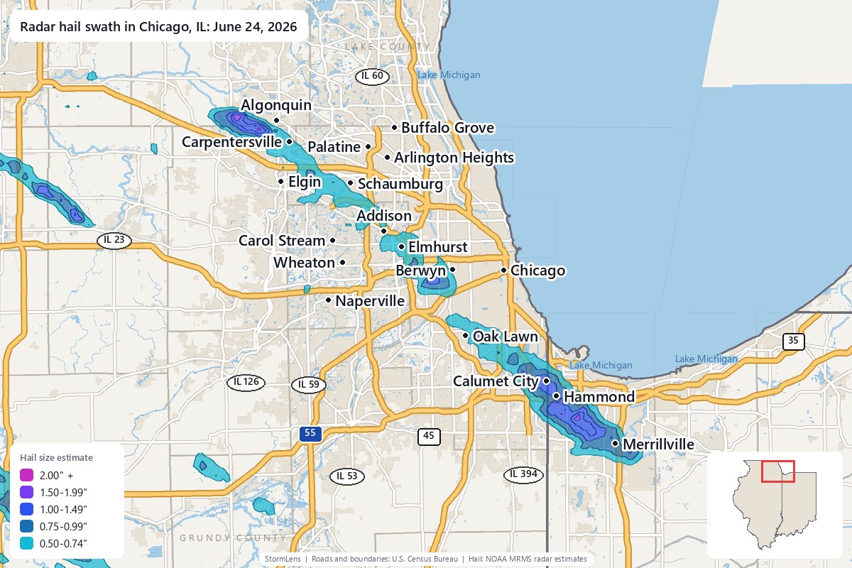 Radar-estimated hail swath in Chicago, IL on June 24, 2026; colors show estimated hail sizes