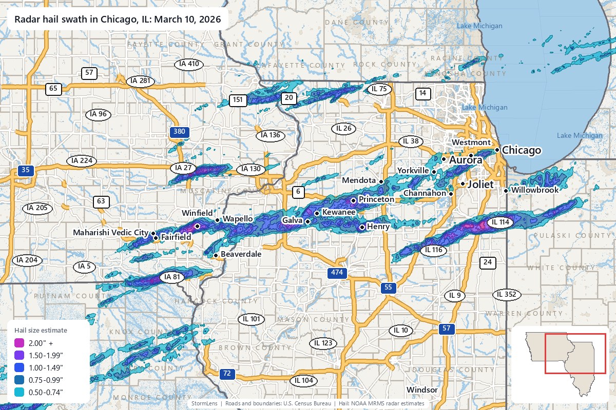Radar-estimated hail swath in Chicago, IL on March 10, 2026; colors show estimated hail sizes