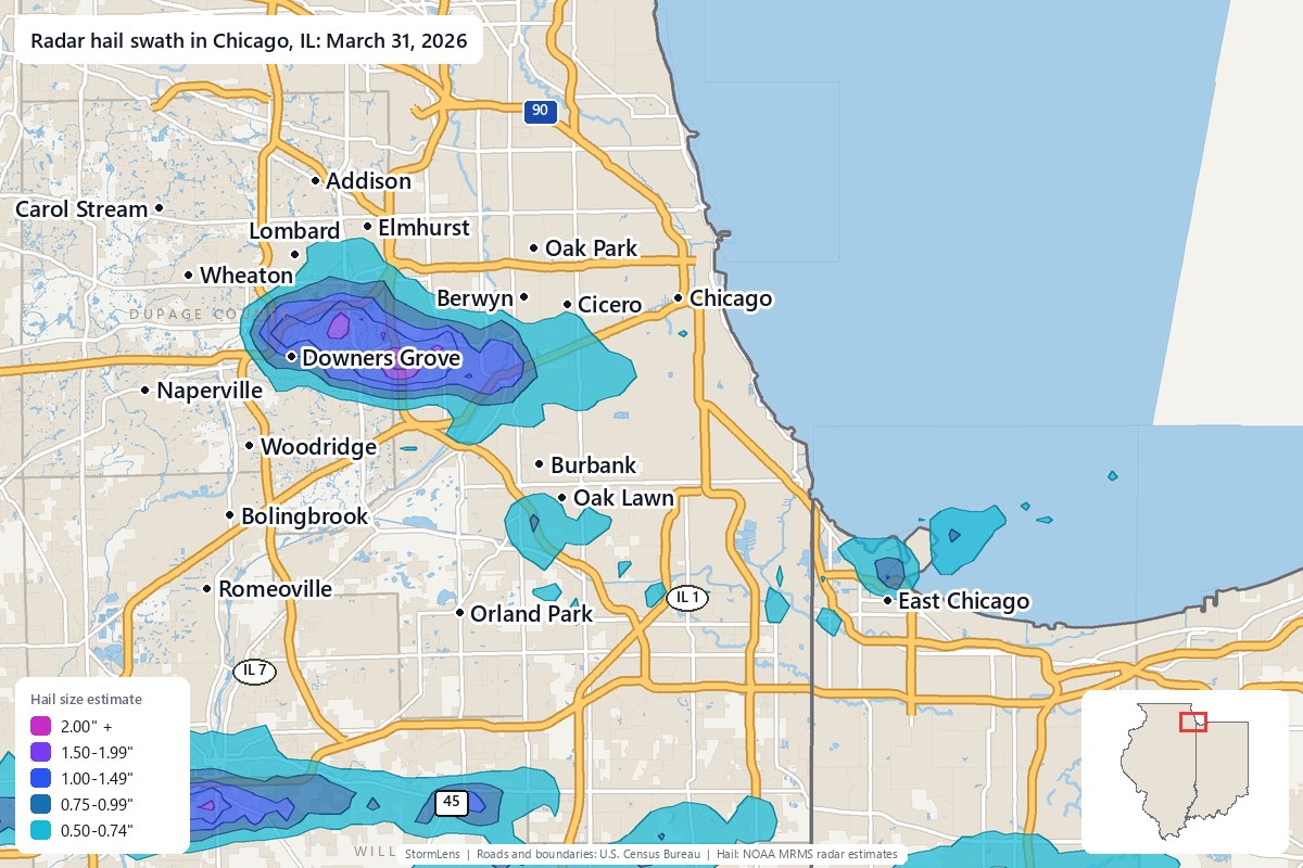Radar-estimated hail swath in Chicago, IL on March 31, 2026; colors show estimated hail sizes