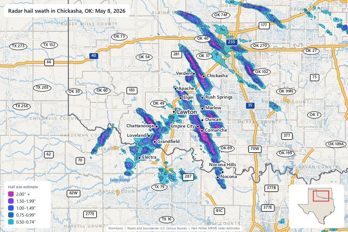 Radar-estimated hail swath in Chickasha, OK on May 8, 2026; colors show estimated hail sizes