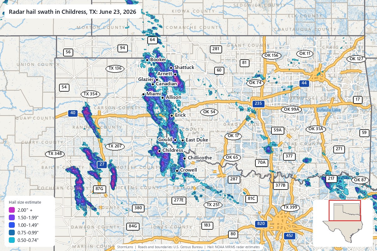 Radar-estimated hail swath in Childress, TX on June 23, 2026; colors show estimated hail sizes
