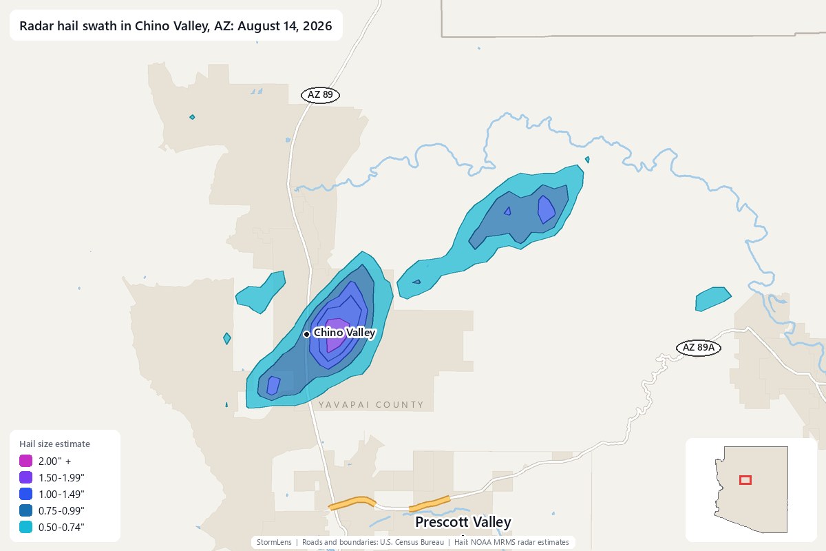 Radar-estimated hail swath in Chino Valley, AZ on August 14, 2026; colors show estimated hail sizes
