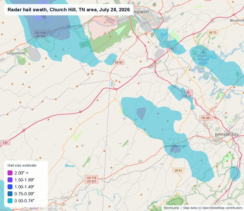 Radar-estimated hail swath near Church Hill, TN on July 28, 2026; colors show estimated hail sizes